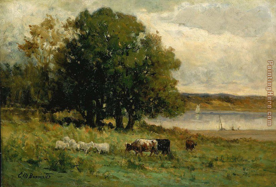 Edward Mitchell Bannister cattle near river with sailboat in distance
